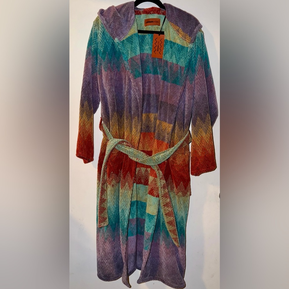 New Missoni Home Multicolor Striped Chevron Toweling Bathrobe with Hood Sz Small
